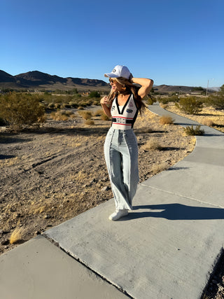 Pearls on denim pants