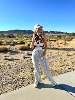 Pearls on denim pants