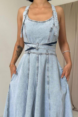 Empire light blue denim dress