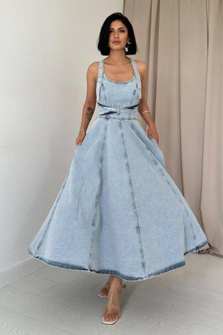 Empire light blue denim dress