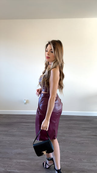 Plum leather skirt set