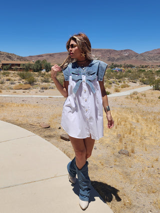 Bow denim tunic dress